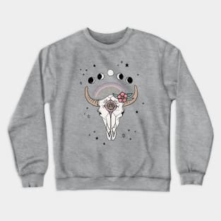 Boho Tribal Cow Skull with Flowers - dusty mint green Crewneck Sweatshirt